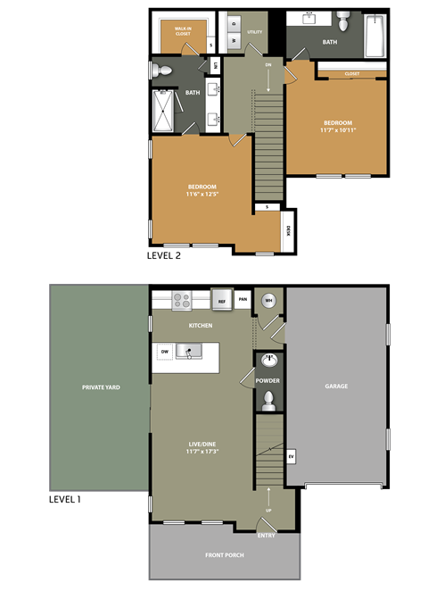 Floor plan for 2 beds, 2.5 baths, 1132 sqft